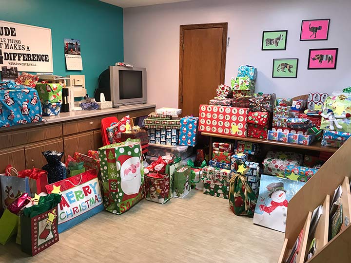 a room full of packaged gifts